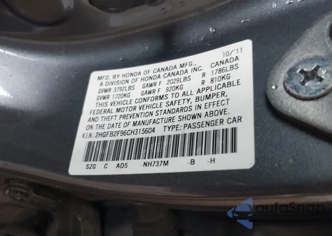 2012 Honda Civic Ex-L from USA, damaged, VIN 2HGFB2F96CH315604